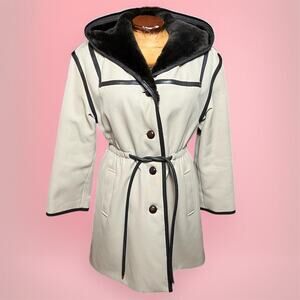 VINTAGE 70s Country Pacer Hooded Trench Coat Size S Sherpa Lined Leather Trim